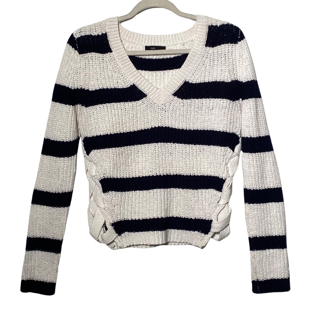 Fate Black White Striped Lace Up Coastal Knit Sweater Size S